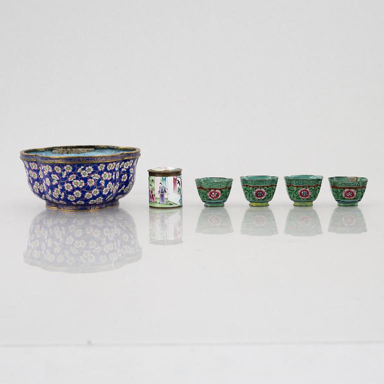 A group of Chinese enamels, including a flower pot, a box and four cups, Qing dynasty, 18th and 19th century.