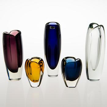 KAJ FRANCK, five 'Usva' glass vases, signed K. Franck, Nuutajärvi Notsjö 1950-60:s.