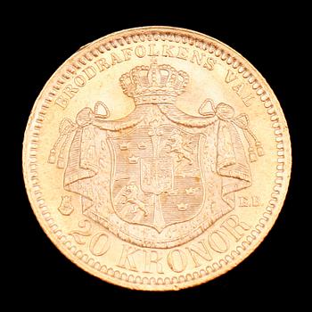 GULDMYNT, 20 kr, Oscar II, 1878. Vikt ca 9 gr.