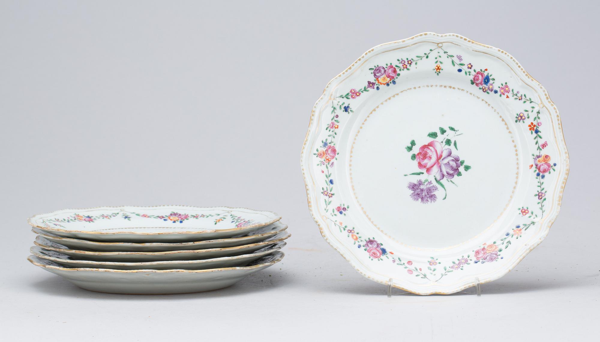 TALLRIKAR, porslin, 6 st, famille rose, Kina, Qianlong (1736-95).