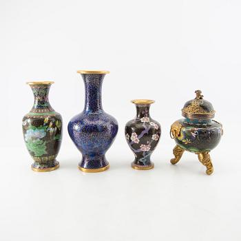 Vases 3 pcs and incense burner China cloisonné works 20th century.