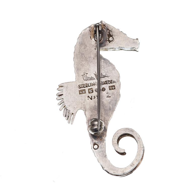 A Wiwen Nilsson sterling brooch of a seahorse, Lund 1969.