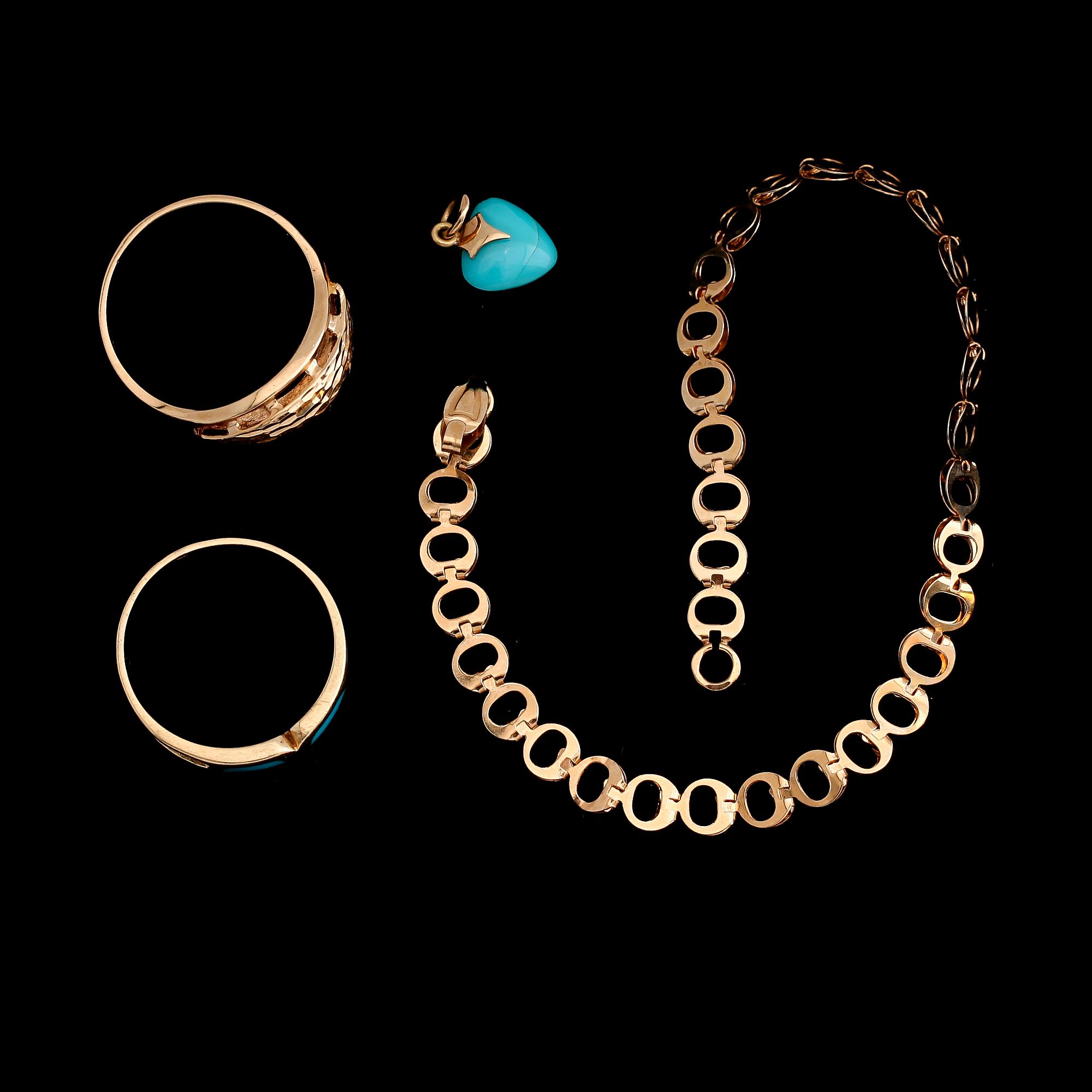 SAMLING SMYCKEN, 4 st, 18 k guld, 1900-talets andra hälft. Total vikt ca 9 g.