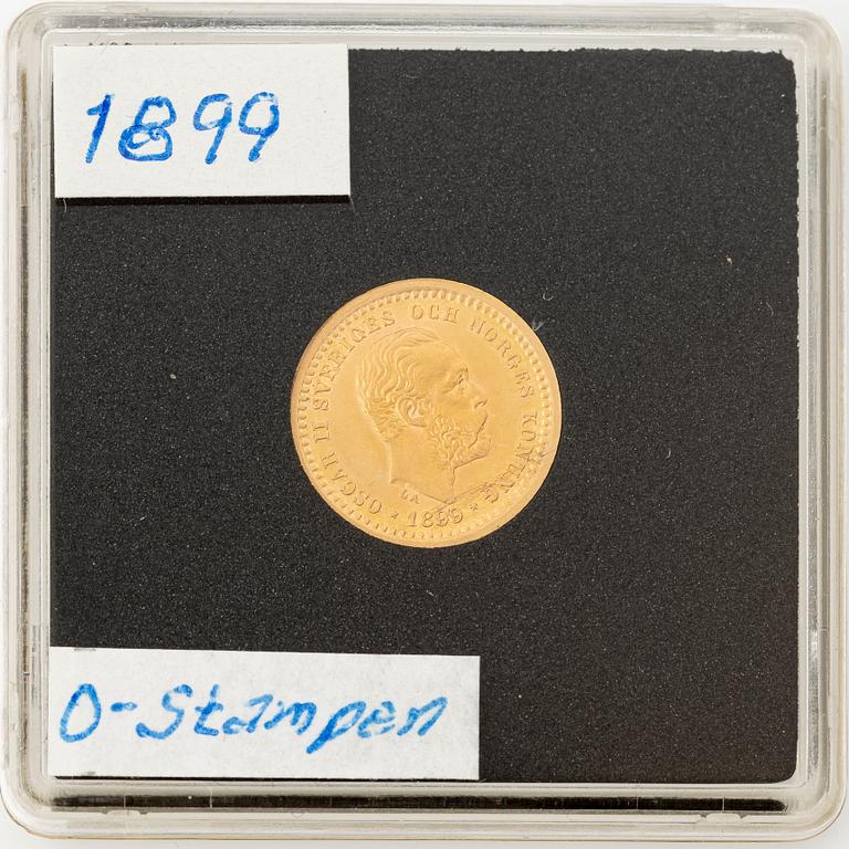 Guldmynt, Oscar II, 5 kronor, typ I, Sverige 1899.