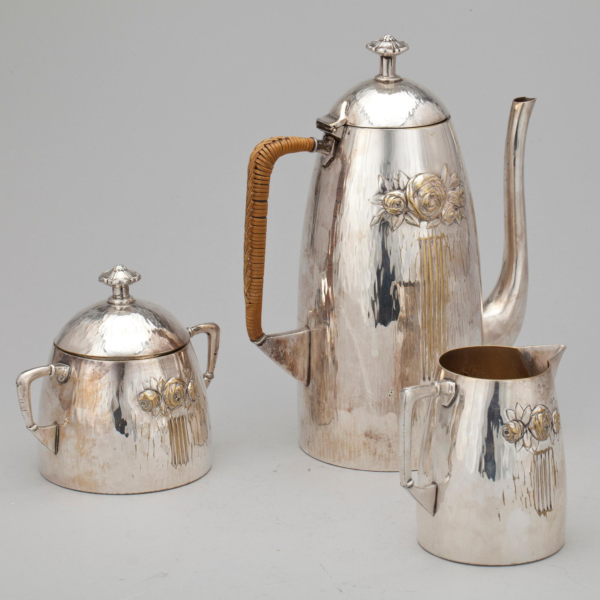 KAFFESERVIS, 3 delar, nysilver, jugendstil, möjligen Kayser, Ellison & Co, 1900-talets första hälft.