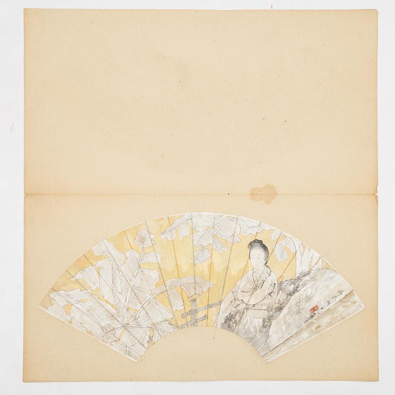Unidentified artist, so-called "Fan painting", Elegant lady in a garden with banana trees, China, 20th century.