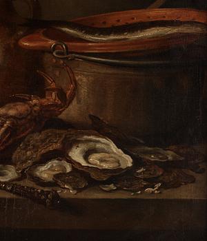 Pieter Claesz Hans krets, Stilleben med fiskar, krabba, ostron och krus.