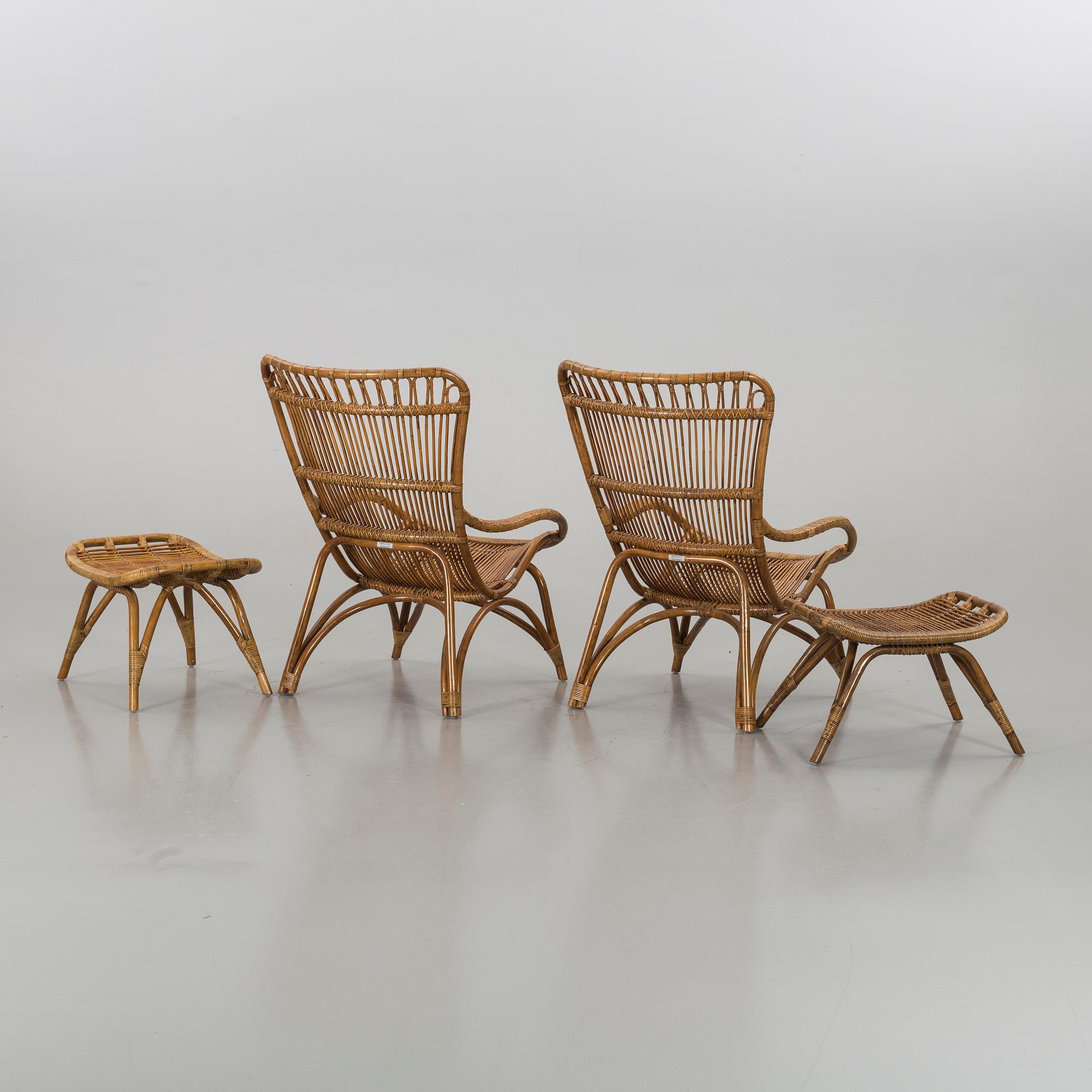 KORGFÅTÖLJER med FOTPALLAR, ett par, Sika-Design, 2000-tal.