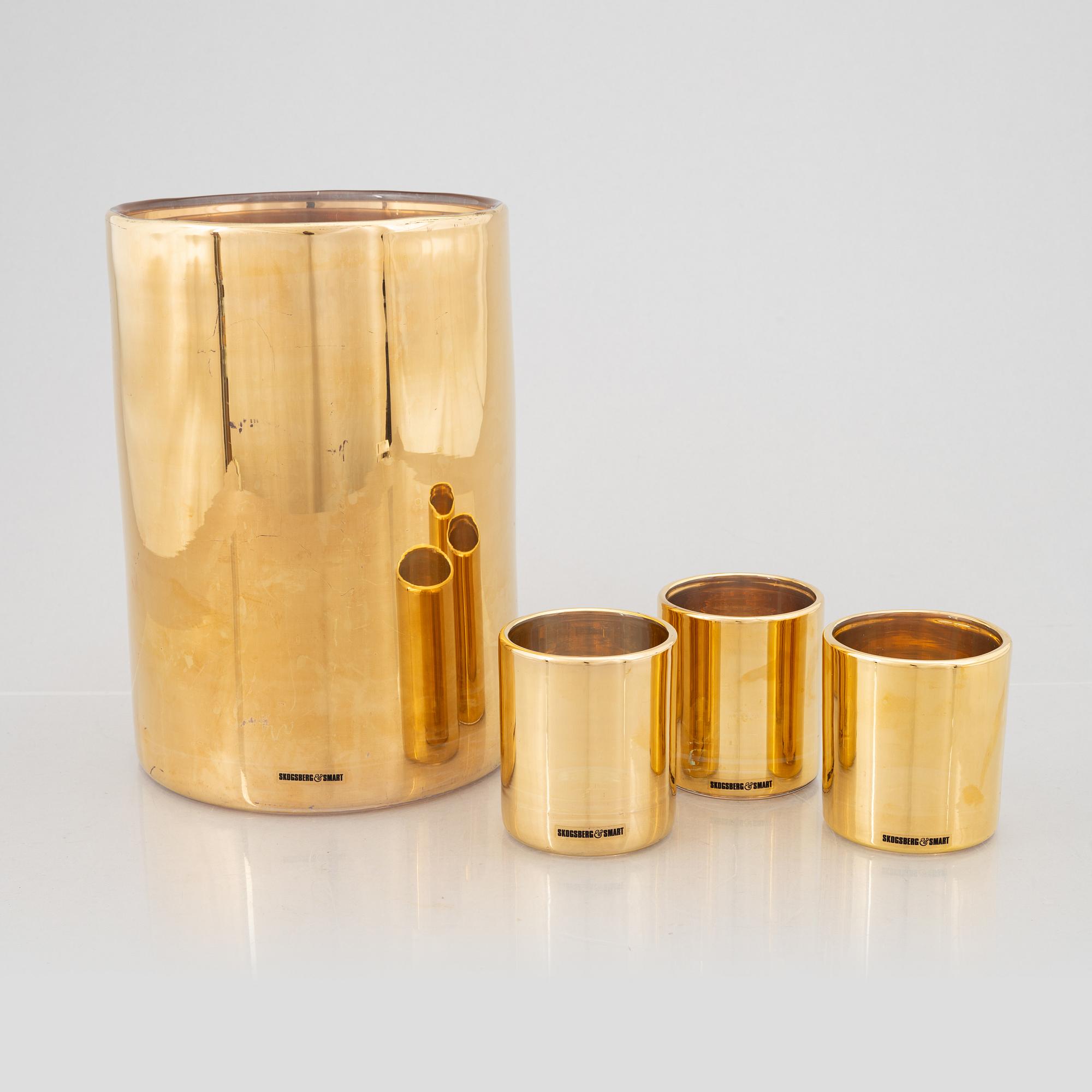 Magnus Skogsberg & Mimmi Smart, three candle holders and a vase, 'Hurricane Gold', Skogsberg & Smart.
