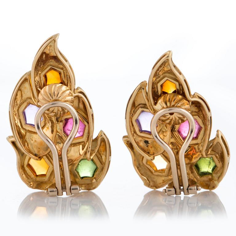 A pair of 18K gold earrings set with cabochon-cut citrines, peridots, tourmalines and amethysts.