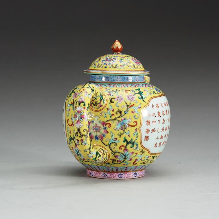 A yellow ground famille rose teapot and cover, presumably Republic with Jiaqings sealmark.