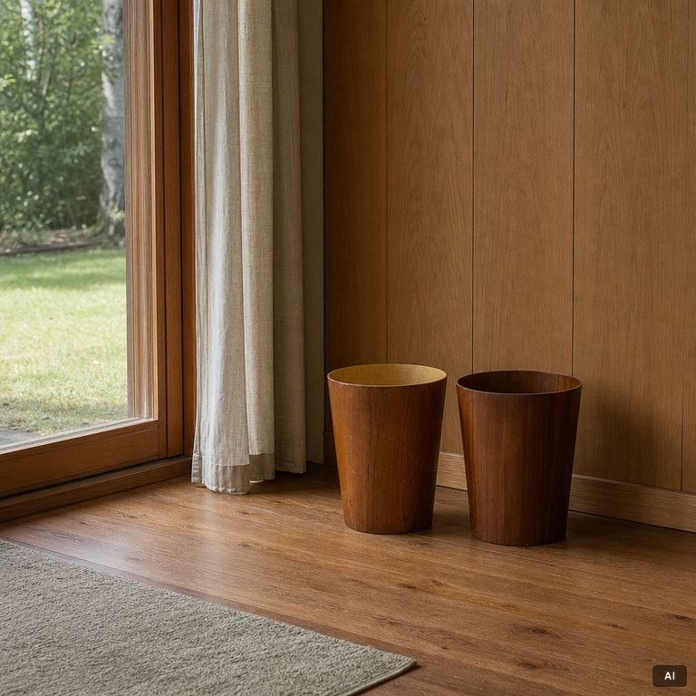 A pair of teak and teak veneer waste baskets by Martin Åberg for Servex, mid 20th century.