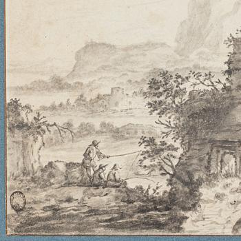Jacobus Sibrandi Mancadan Circle of, A ruined Building with Anglers nearby.