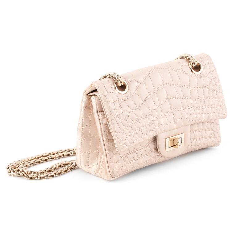 CHANEL, a palepink grey silk eveningbag / shoulderbag.