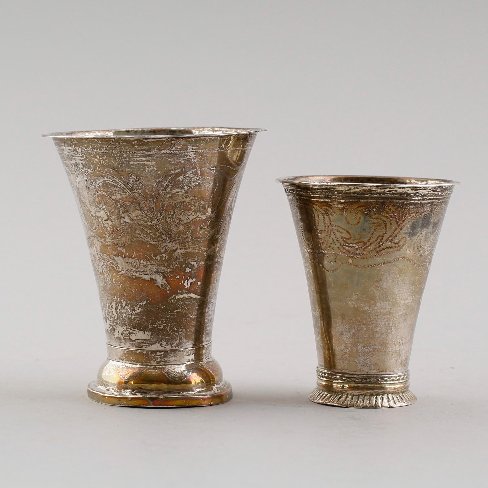 BÄGARE, 2 st, silver, 1700/1800-tal. Vikt ca 85 gram.