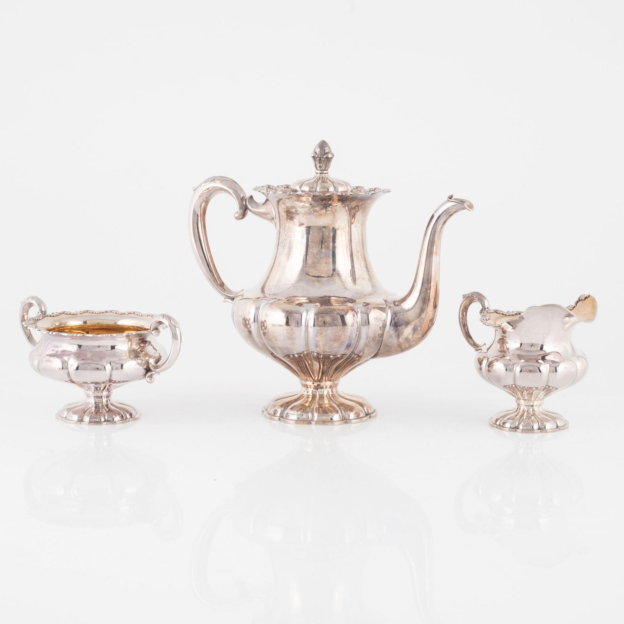 Kaffeservis, silver, 3 delar, Auran Kultaseppä, Åbo, Finland, 1946-65.