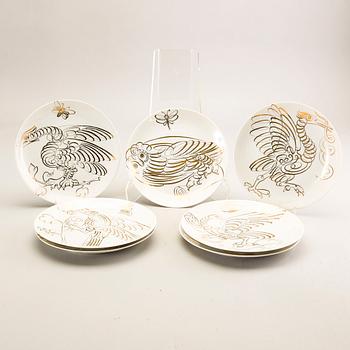 Piero Fornasetti, plates, 7 pcs, "Uccelli Calligrafic", Italy.