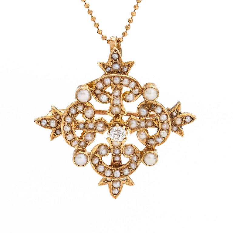 Rintaneula/riipus, kultaa siemenhelmet ja vanhahiontainen timantti, ketjulla.