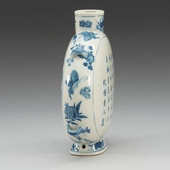 A blue and white moon flask, with a landscape and poem, Qing dynasty, 19th Century.