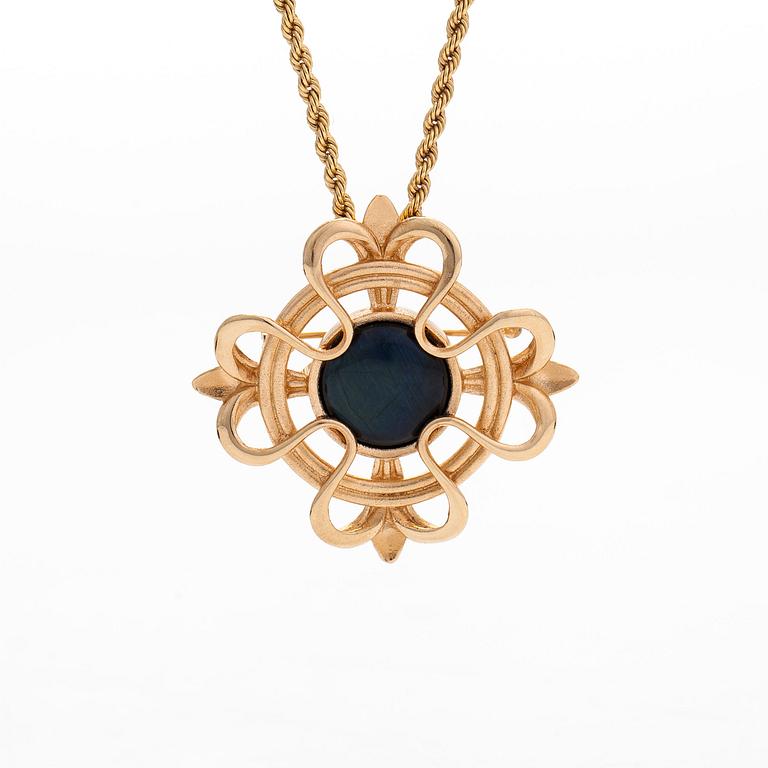 Kalevala Koru, a pendant/brooch with chain, "Lily", 14K gold and spectrolite. Helsinki 2002.