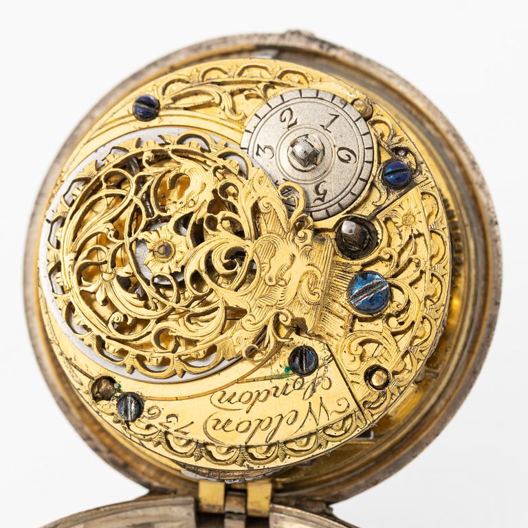 A double-case silver pocket watch by Sam Weldon (watchmaker in London, fl. ca 1740-80).