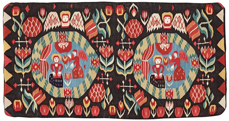 ÅKDYNA (agedyna). "Bebådelsen". Flamskväv. 49 x 93,5 cm. Skåne 1800-talets förra hälft.