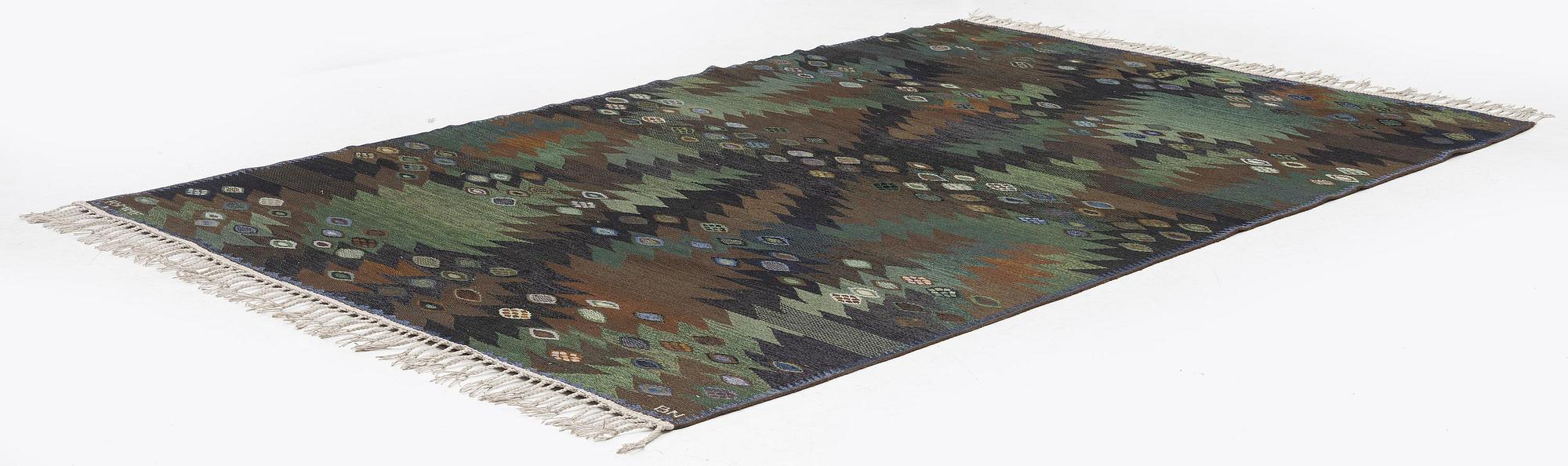 Barbro Nilsson, a carpet, 'Tånga brun och grön', tapestry weave, c. 286 x 186 cm, signed AB MMF BN.