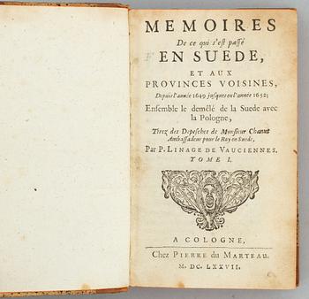 Svensk historia, bl. a. om Drottning Kristina, 1677 (3 vol).