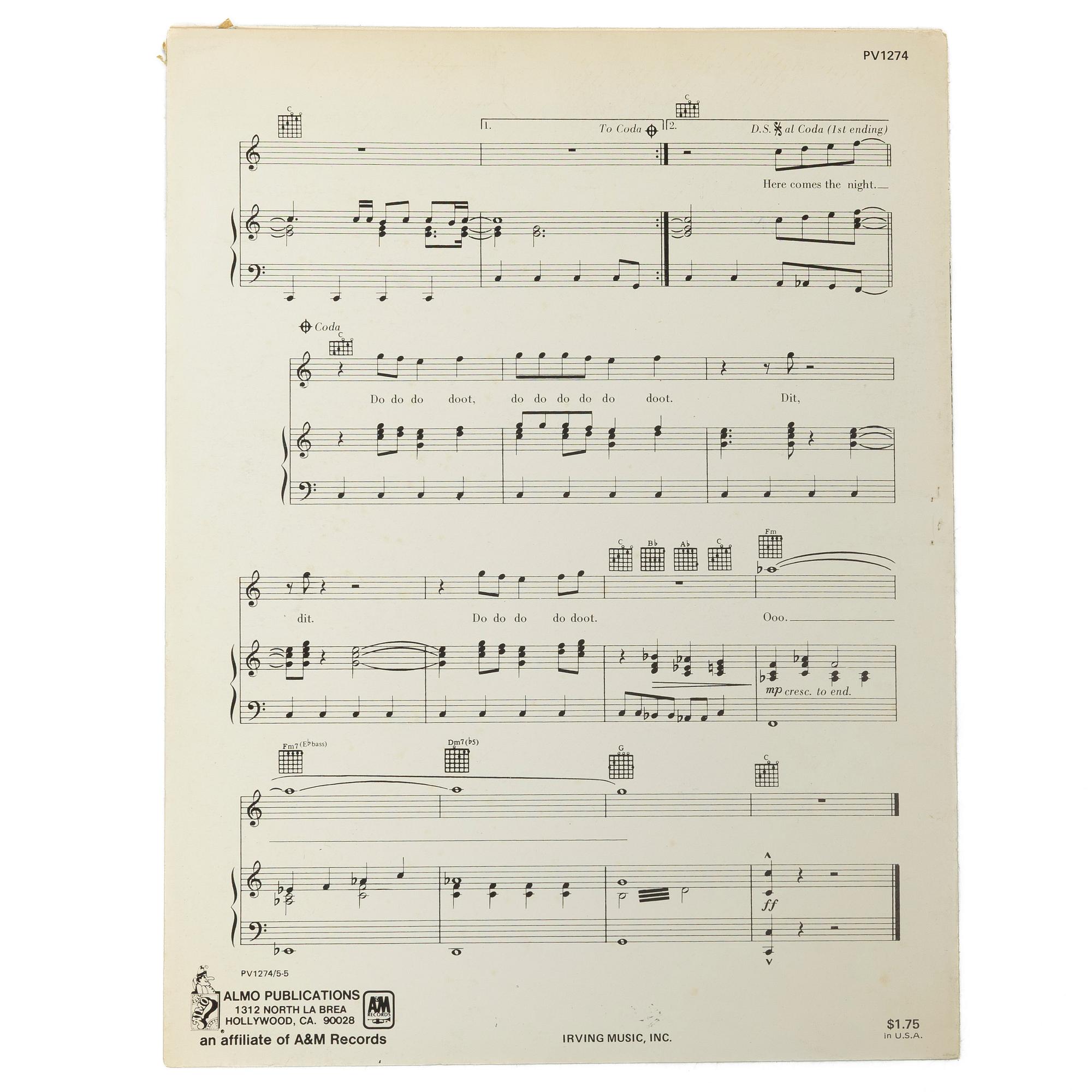 Beach Boys, "Here Comes The Night", signed sheet music, Almo Publications, USA.