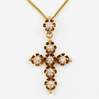 Pendant, cross, 18K gold and old-cut diamonds, together with a matching chain in 18K gold.