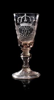 1187. A large Bohemian engraved and cut goblet with the Royal monogram of the Swedish King Adolf Fredrik and his Queen Lovisa Ulrika, 18th Century.