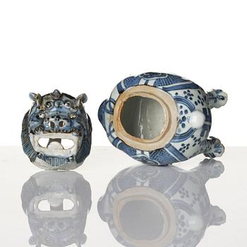 A blue and white buddhist lion 'Luduan' censer, Ming dynasty, Wanli (1572-1620).