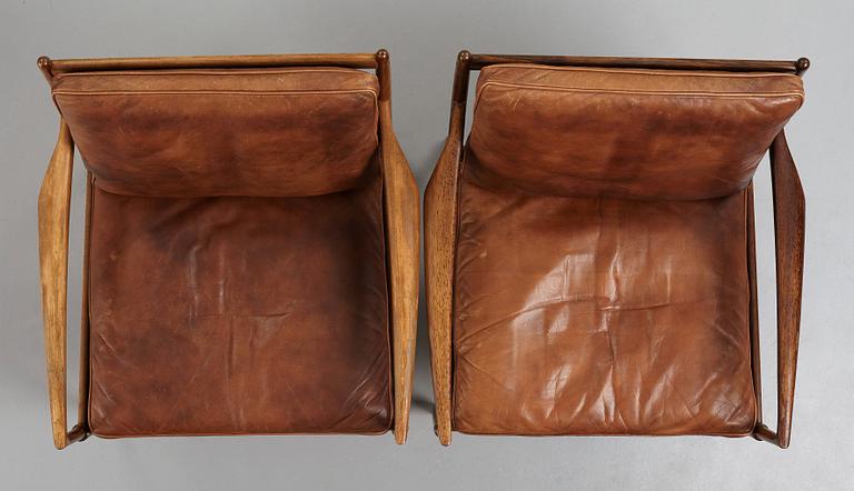 Ib Kofod-Larsen, a pair of "Samsö" palisander and brown leather easy chairs, Olof Persons Fåtöljindustri (OPE) Sweden 1960's.