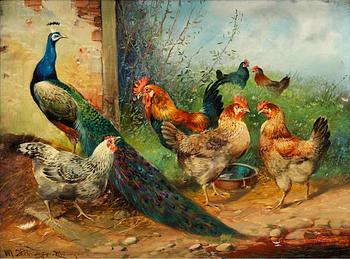 Max Hänger In the manner of the artist, Hens and peacocks.