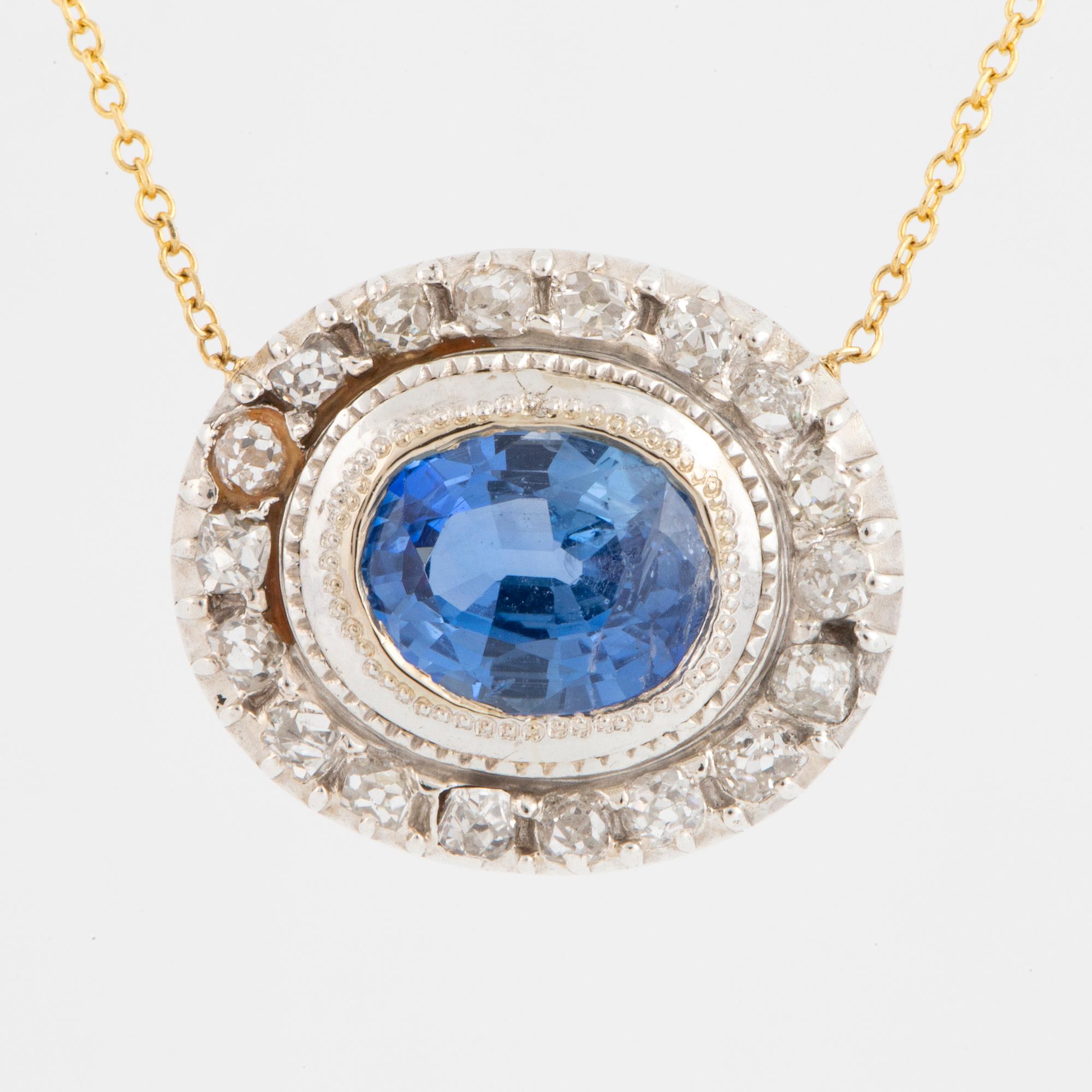 Sapphire and old-cut diamond cluster necklace, 18K gold.