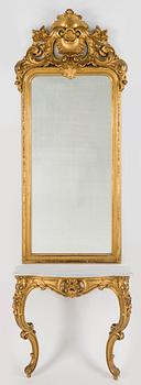 A gilt wood mirror and marble top console table, early 20th Century.