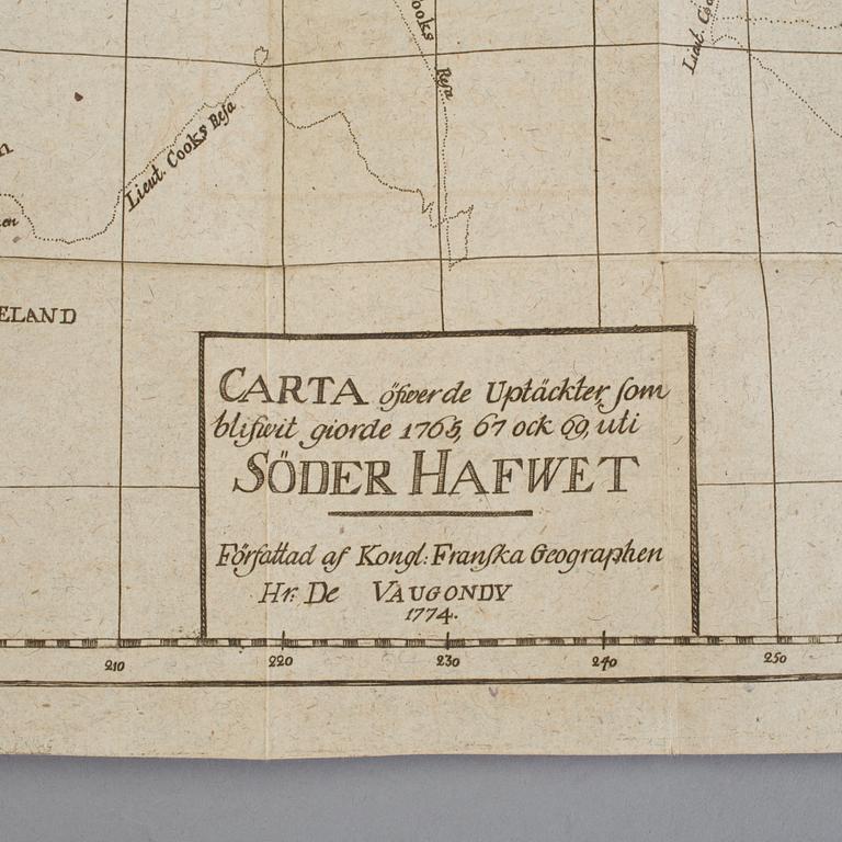 BOK, två delar i en vol, "Berättelse om de upptäckter...Söderhafwet..." av De Freville, Uppsala 1776.