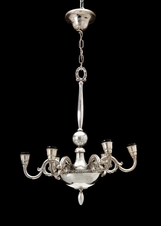 A C.G. Hallberg six light silver plated chandelier, Stockholm 1920's.
