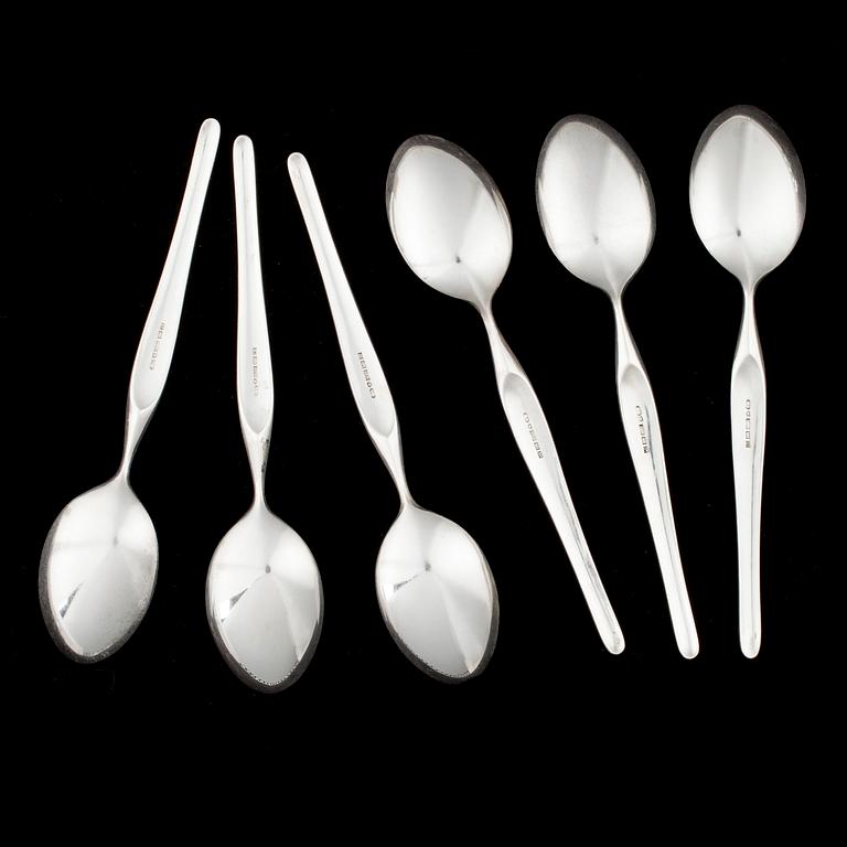 SKEDAR, 6st, silver, "Hopeasiipi", design Tapio Wirkkala, Kultakeskus Oy, Tavastehus 1957. Totalvikt 223 g.