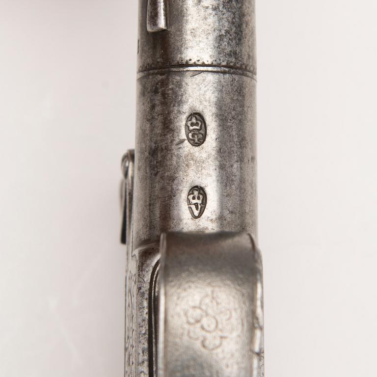 A pair of english boxlock flintock pistols marked E. Bond London, circa 1800.