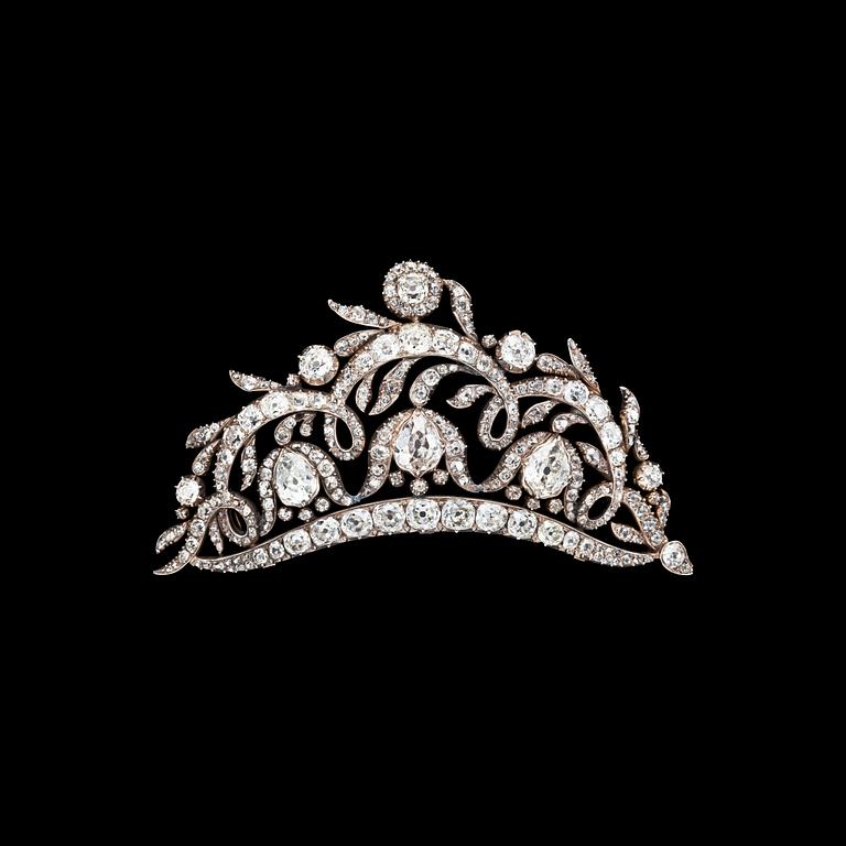 DIADEM/BROSCH, runda och droppformade antikslipade diamanter, tot. ca 20 ct. 1800-talets mitt.