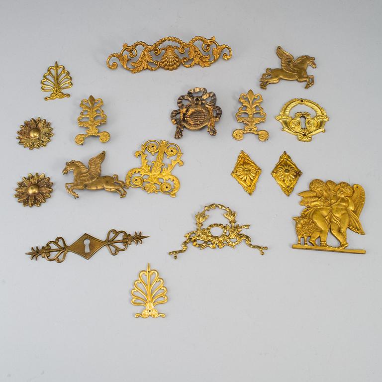 Furniture mountings, 17 parts, brass, 19th-20th century.