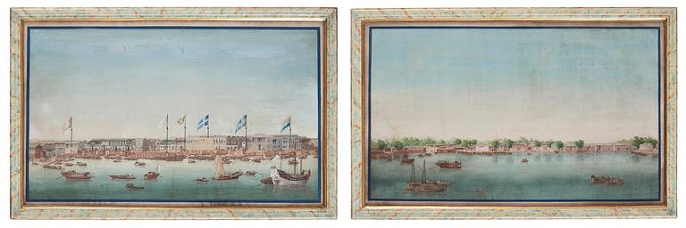 A pair och Chinese Export paintings depicting the Hongs of Canton and buildings along the river, late 18th century.
