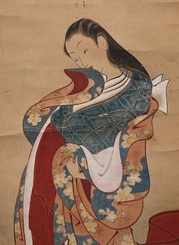 RULLMÅLNING, tusch och färg på papper. Oidentifierad konstnär, Japan, 1800-tal. Två senare sigill i rött.
