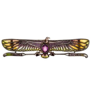 414. RINTANEULA, 900 hopeaa, plique à jour -emali, ametisti. Brocks & co USA 1930-luku. Leveys 63 mm.