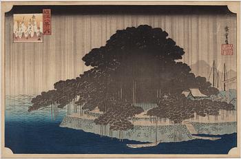 UTAGAWA HIROSHIGE (1797-1858), efter, färgträsnitt. Japan, "Night Rain at Karasaki", sent 1800-tal/tidigt 1900-tal.