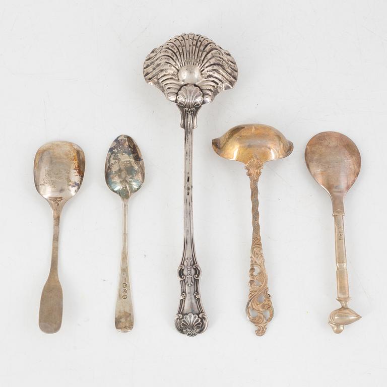 Bowls, cups, cutlery, cream jug, and candlestick, 11 pieces, silver. Including K Anderson, Stockholm 1923.