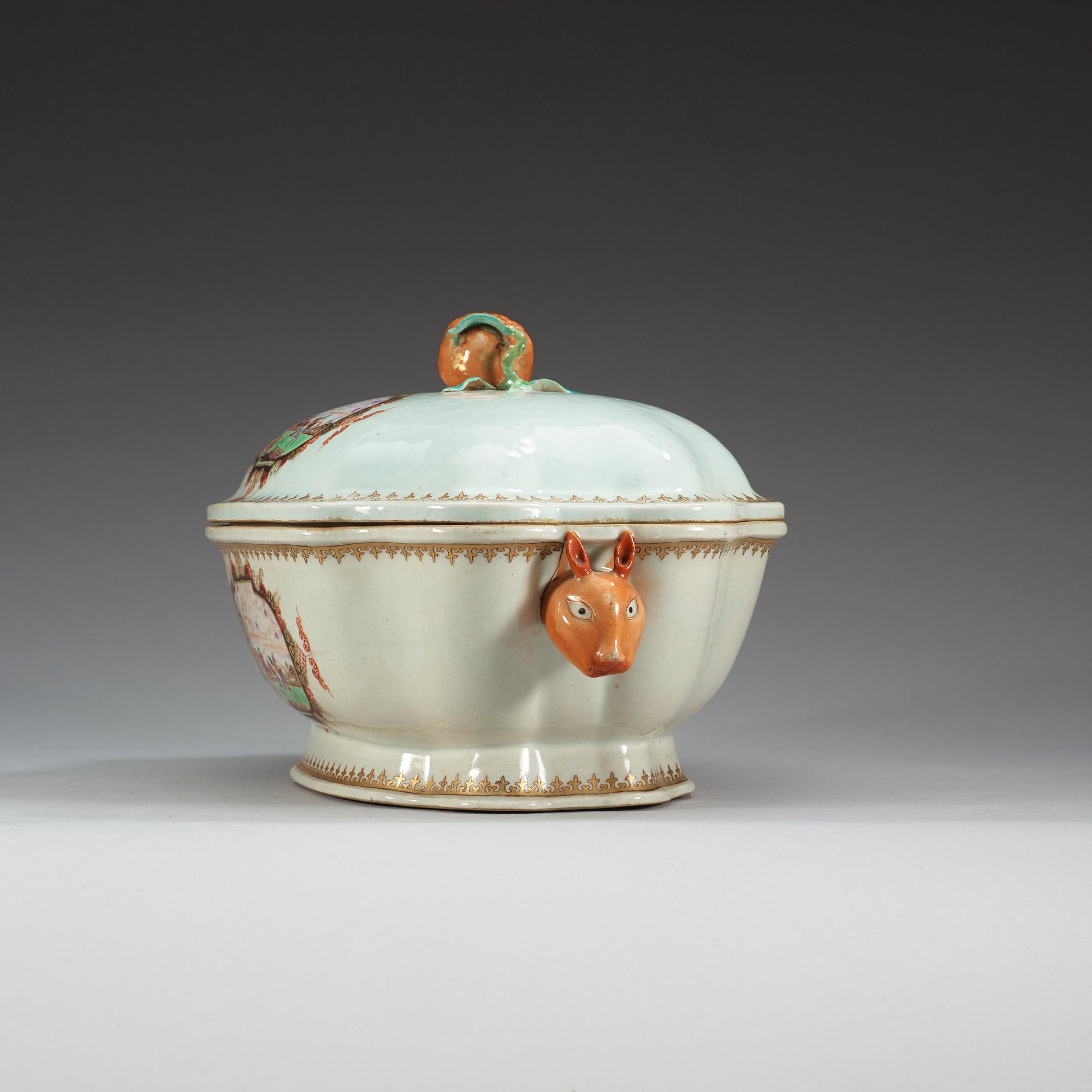 A famille rose 'European Subject' tureen with cover and stand, Qing dynasty, Qianlong (1736-95).
