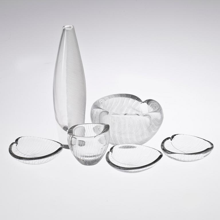 VASER samt SKÅLAR, 5 st, glas, Tapio Wirkkala, Iittala, sign, vissa dat -58.
