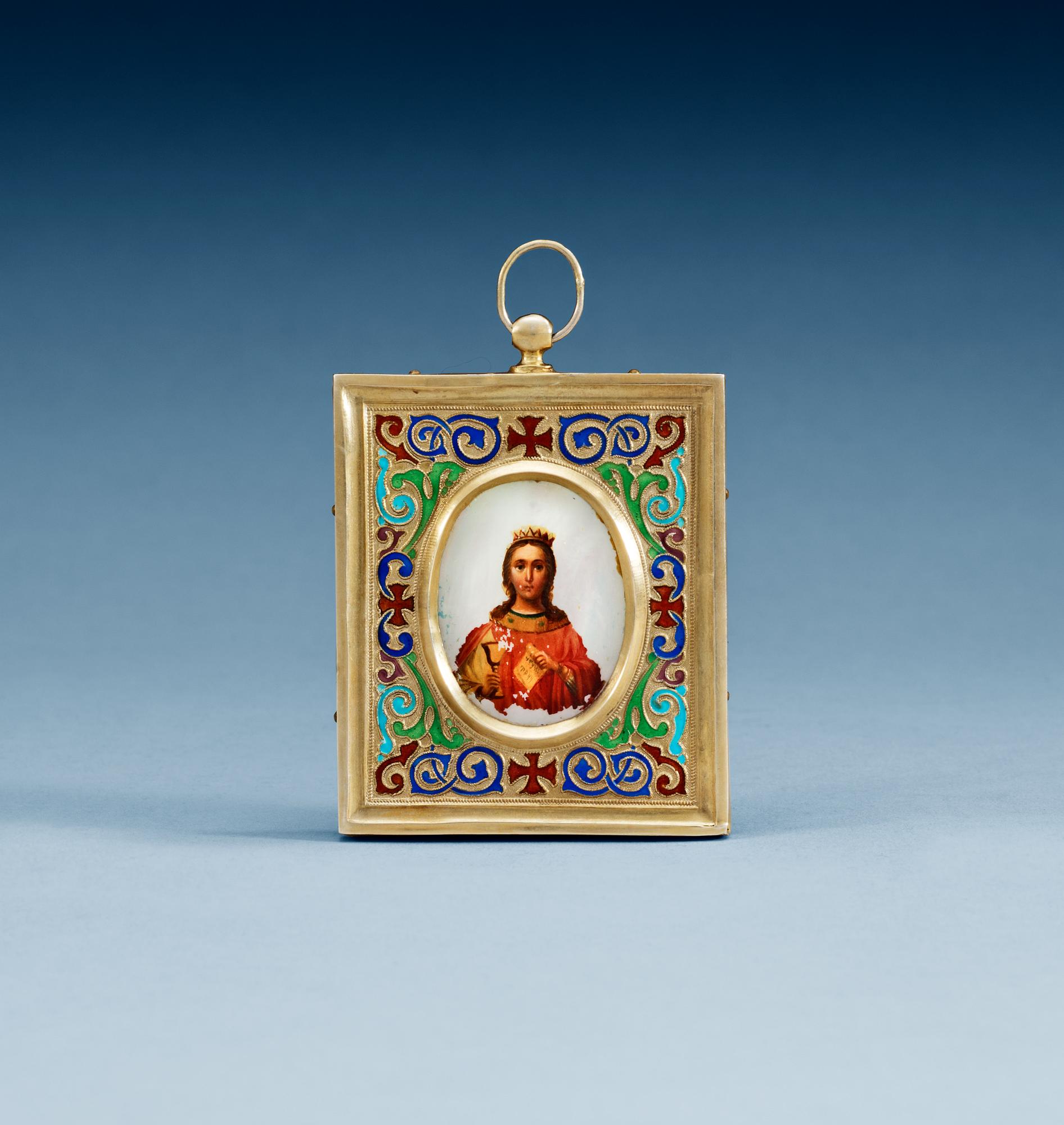 A RUSSIAN SILVER-GILT AND MOTHER OF PEARL ICON, unidentified maker, Moscow 19th century. 7x6 cm.